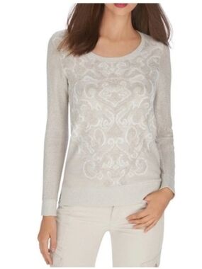 White House Black Market Light Beige Scoop Neck Patterned Sweater XS
